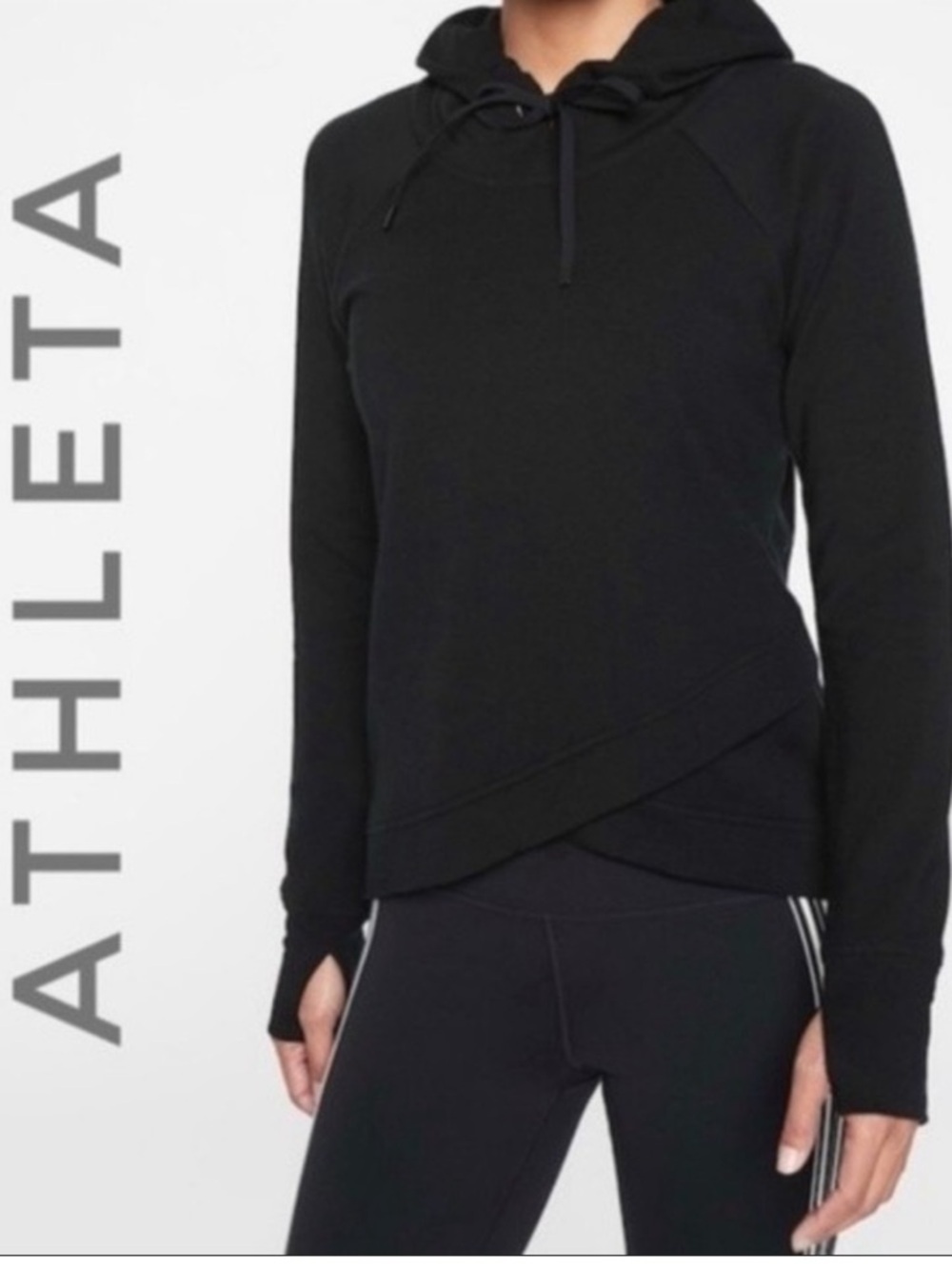 ATHLETA Pullover Hoodie Small Black Pinnacle Criss-Cross Thumbhole Sweatshirt